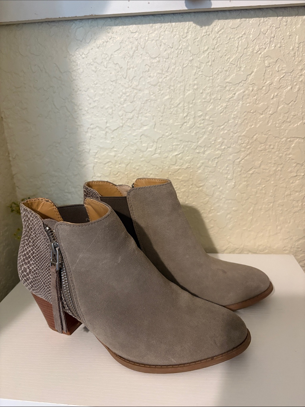 Vionic Taupe Suede Ankle Booties With Textured Heel Panel